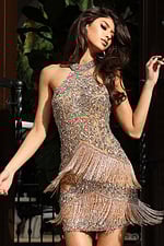 Jovani 51652 dark nude high neck sleeveless short dress with crystal beaded leaf embellishments and tiered fringe skirt detail