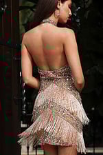 Backless Beaded Fringe Halter Mini Dress