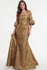 Metallic gold evening gown with textured jacquard fabric
