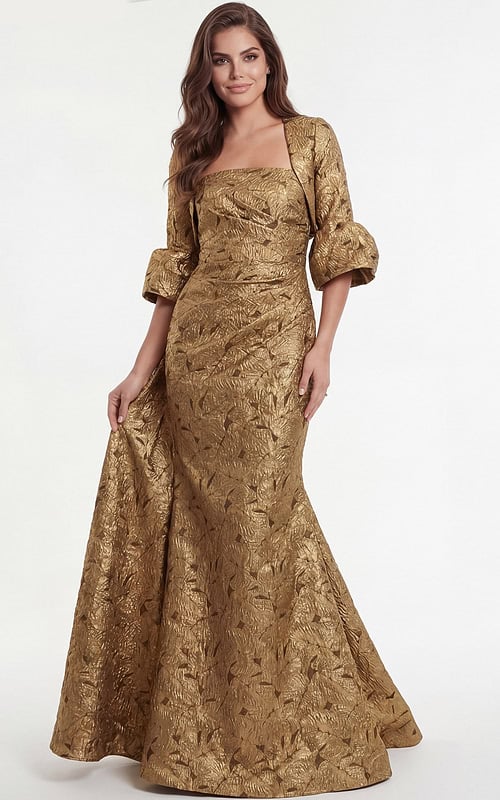 Metallic gold evening gown with textured jacquard fabric