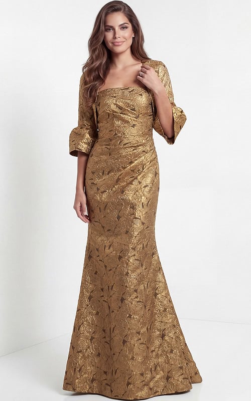 Metallic jacquard gown with square neckline and long sleeves