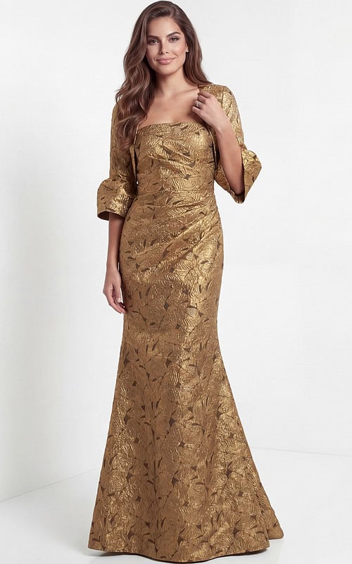 Metallic jacquard gown with square neckline and long sleeves