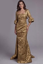 Gold textured evening gown with flared cuffs and fitted skirt