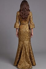 Gold jacquard mermaid gown with off shoulder neckline