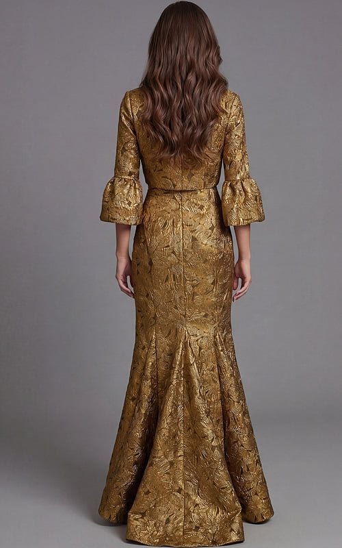 Gold jacquard mermaid gown with off shoulder neckline