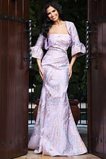 Jovani 51654 mauve metallic brocade strapless mermaid evening gown with matching bell sleeve bolero jacket and rose gold abstract pattern