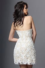 white sheath mini dress with strapless lace butterfly beaded