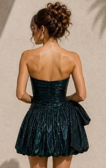 teal sequin strapless sweetheart bubble hem mini dress with side bow