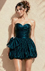 back view of teal sequin strapless mini dress with bubble hem