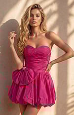 Vibrant magenta strapless mini dress featuring a sweetheart neckline and a fully ruched bodice.