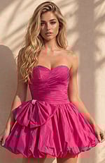 Playful hot pink party dress with a voluminous bubble hem skirt and a large bow at the waist.