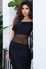 Jovani 51666 black off the shoulder fitted bandage gown with sheer mesh midriff cutout and floor length column silhouette