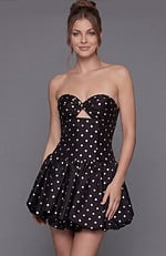 strapless sweetheart neckline with a centered knot and small triangular cutout.