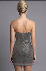 Back view of strapless embellished mini dress with smooth fitted finish