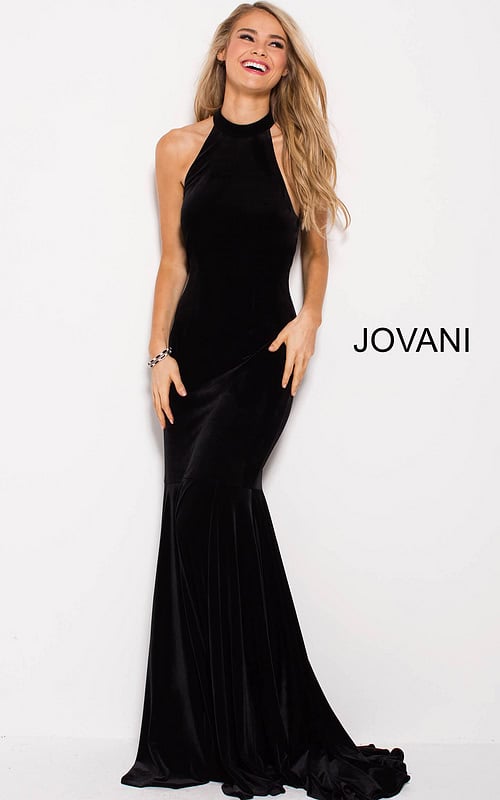 model wearing Jovani 51680 black velvet mermaid gown front view