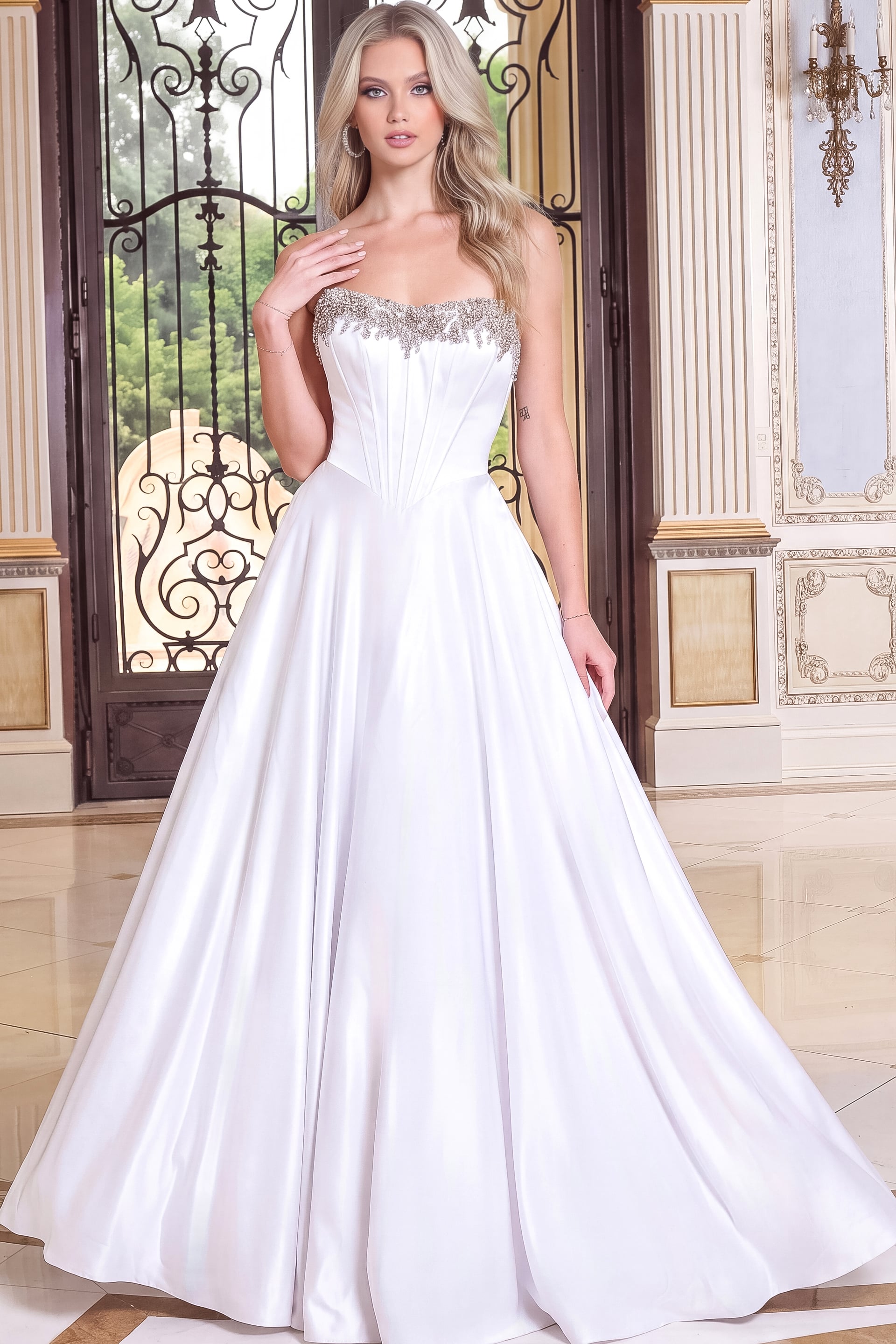 white satin strapless ball gown gown with corset bodice and beaded bustline, view 2