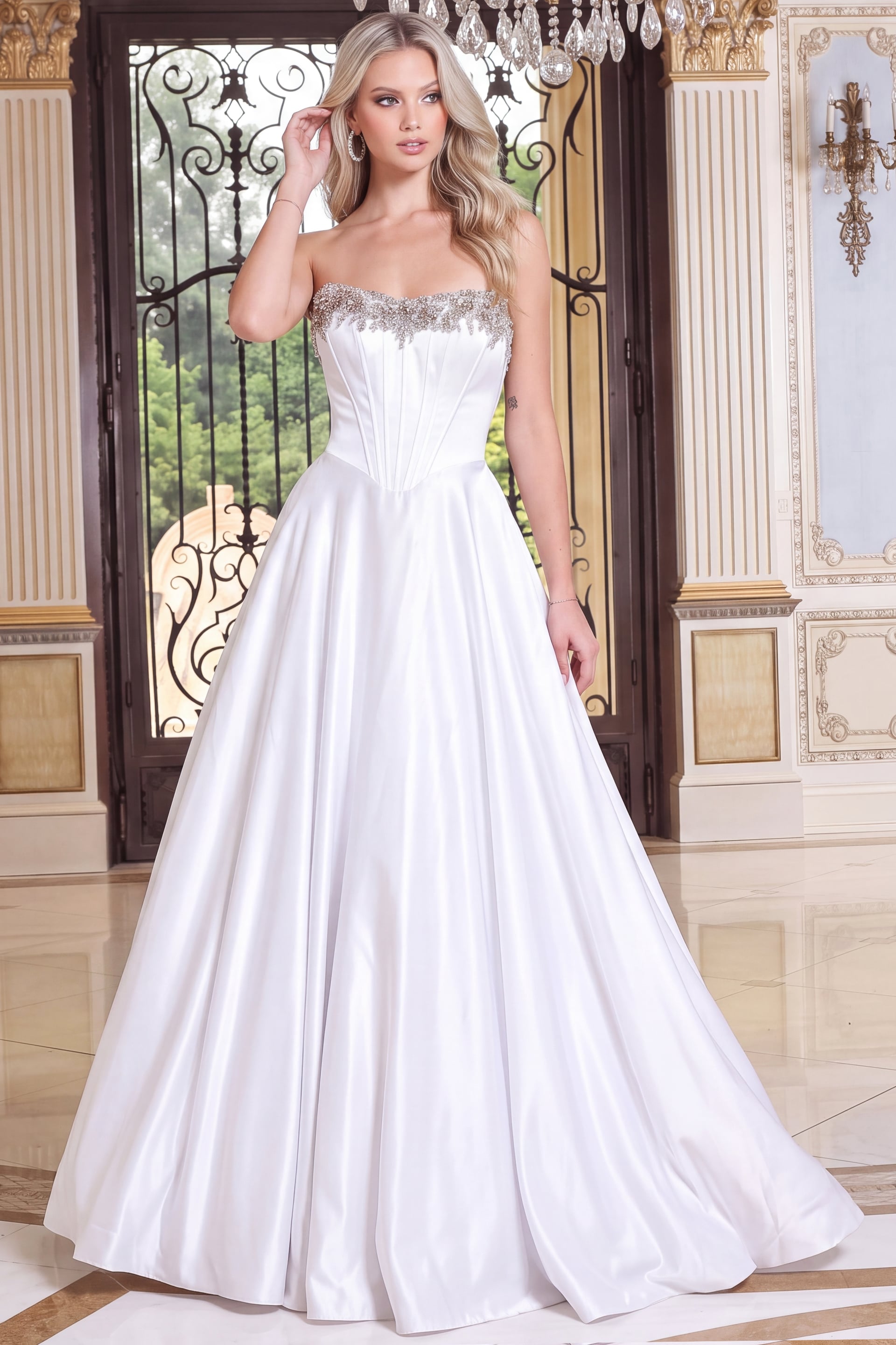 white satin strapless ball gown gown with corset bodice and beaded bustline, view 3