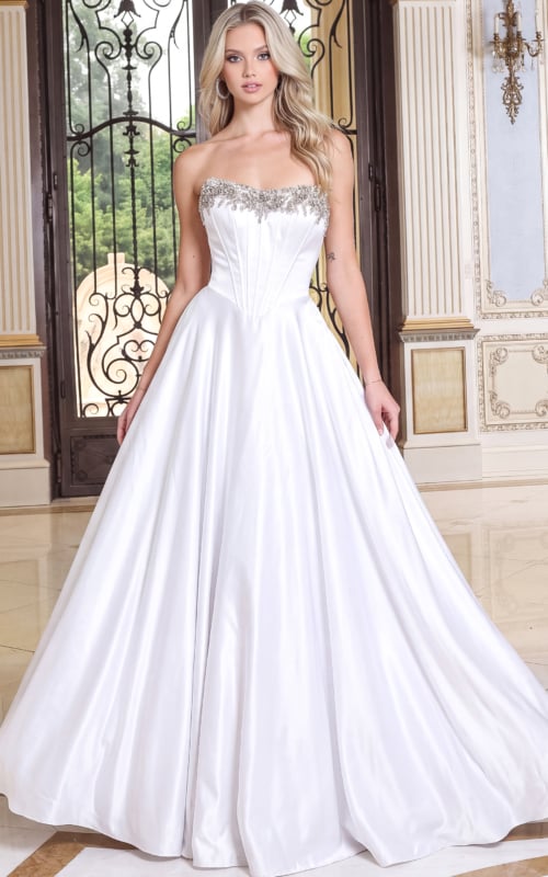 white satin strapless ball gown gown with corset bodice and beaded bustline
