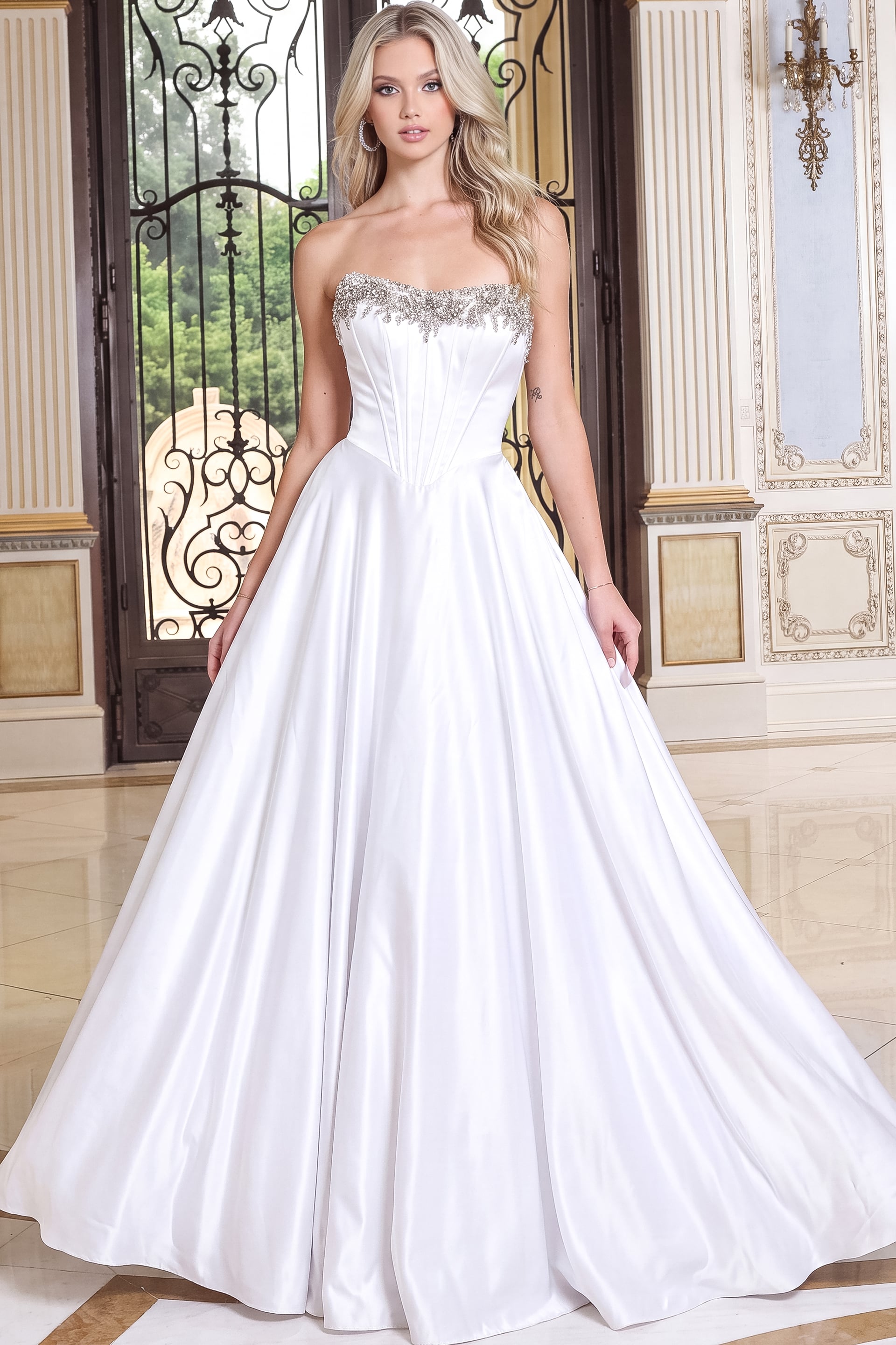 white satin strapless ball gown gown with corset bodice and beaded bustline