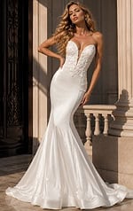 Jovani 51689 Ivory Plunging V Neck Mermaid Dress Full Length Front