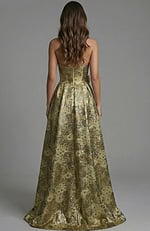 Back view of strapless jacquard gown with fitted bodice and full skirt
