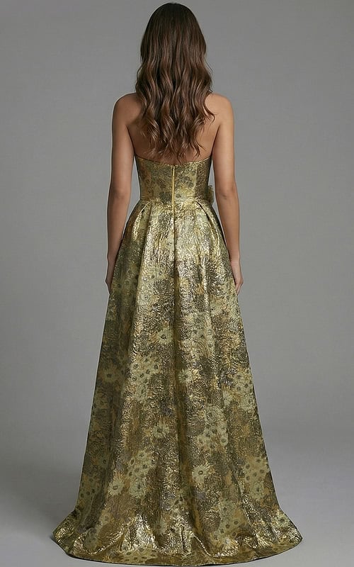 Back view of strapless jacquard gown with fitted bodice and full skirt