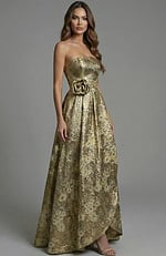 Strapless jacquard gown with structured bodice and floral waist detail