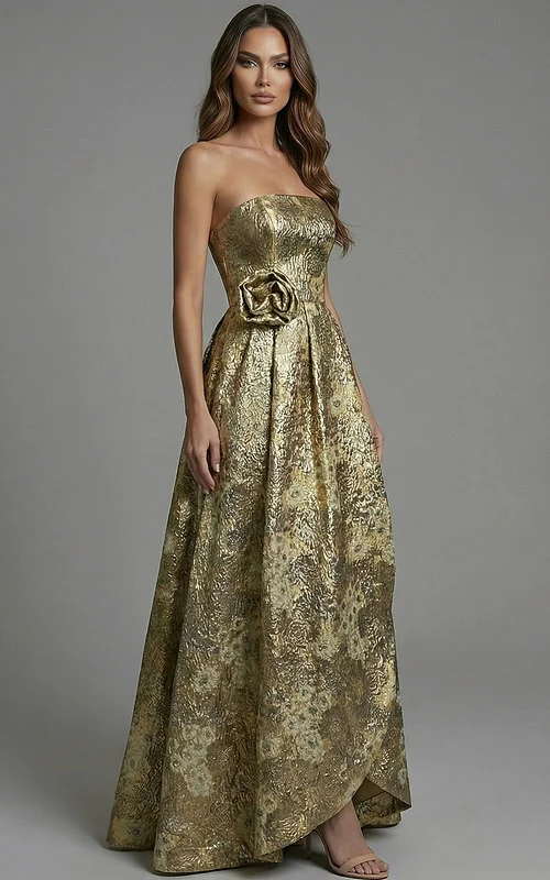Strapless jacquard gown with structured bodice and floral waist detail