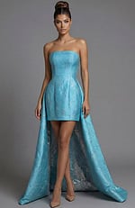 Strapless brocade mini dress with fitted bodice and short front hem
