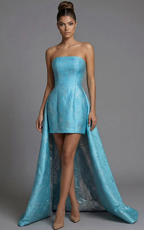 Strapless brocade mini dress with fitted bodice and short front hem