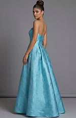 Strapless high low brocade dress with structured bodice and flowing back skirt