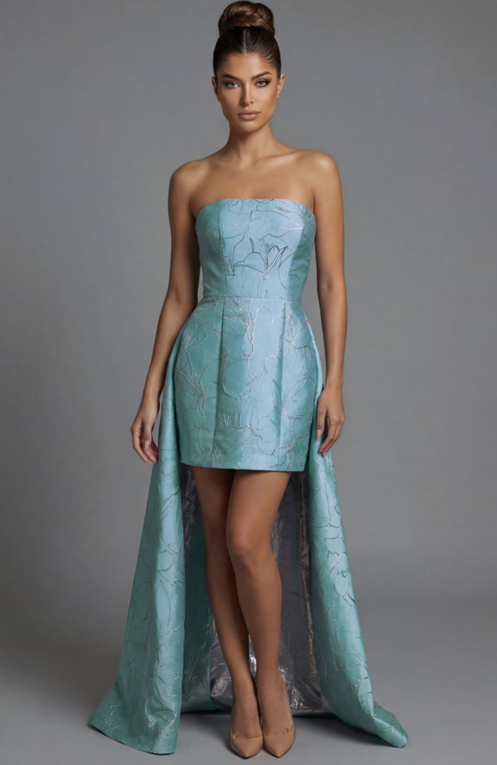 Strapless Brocade Corset Mini Dress With Full Skirt 51693