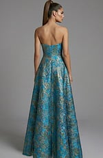 strapless brocade ball gown with structured bodice and full skirt