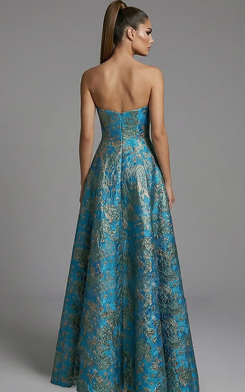 back view of blue metallic brocade strapless A-line evening gown