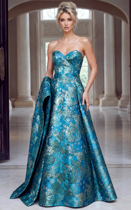blue metallic brocade strapless A-line evening gown with floral pattern