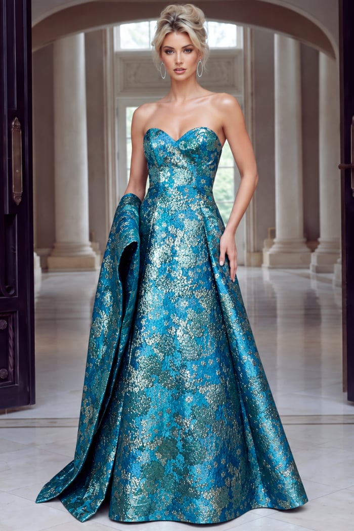 blue metallic brocade strapless A-line evening gown with floral pattern