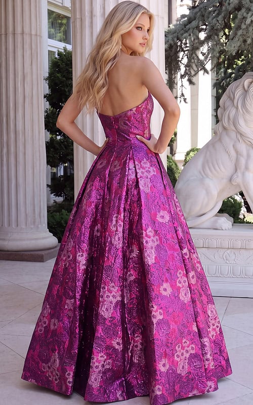 fuchsia purple metallic brocade strapless A-line ball gown additional view