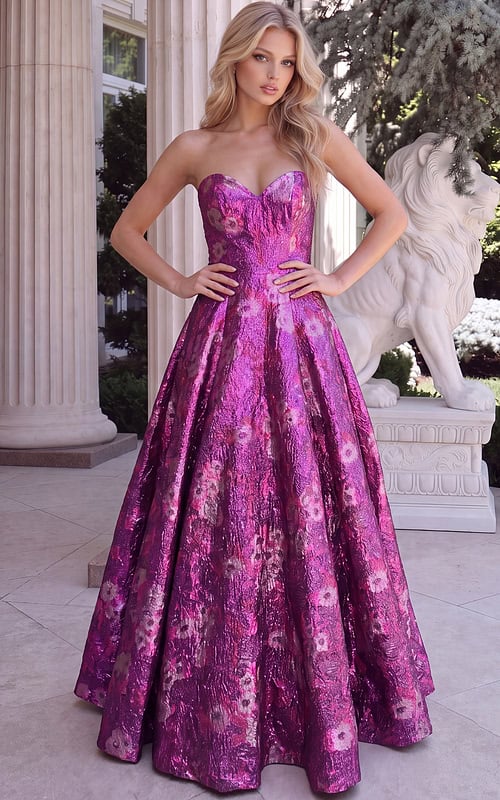 fuchsia purple metallic brocade strapless A-line ball gown with floral pattern