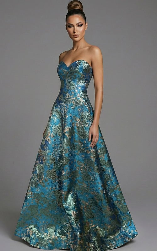 blue metallic brocade strapless A-line evening gown with floral pattern