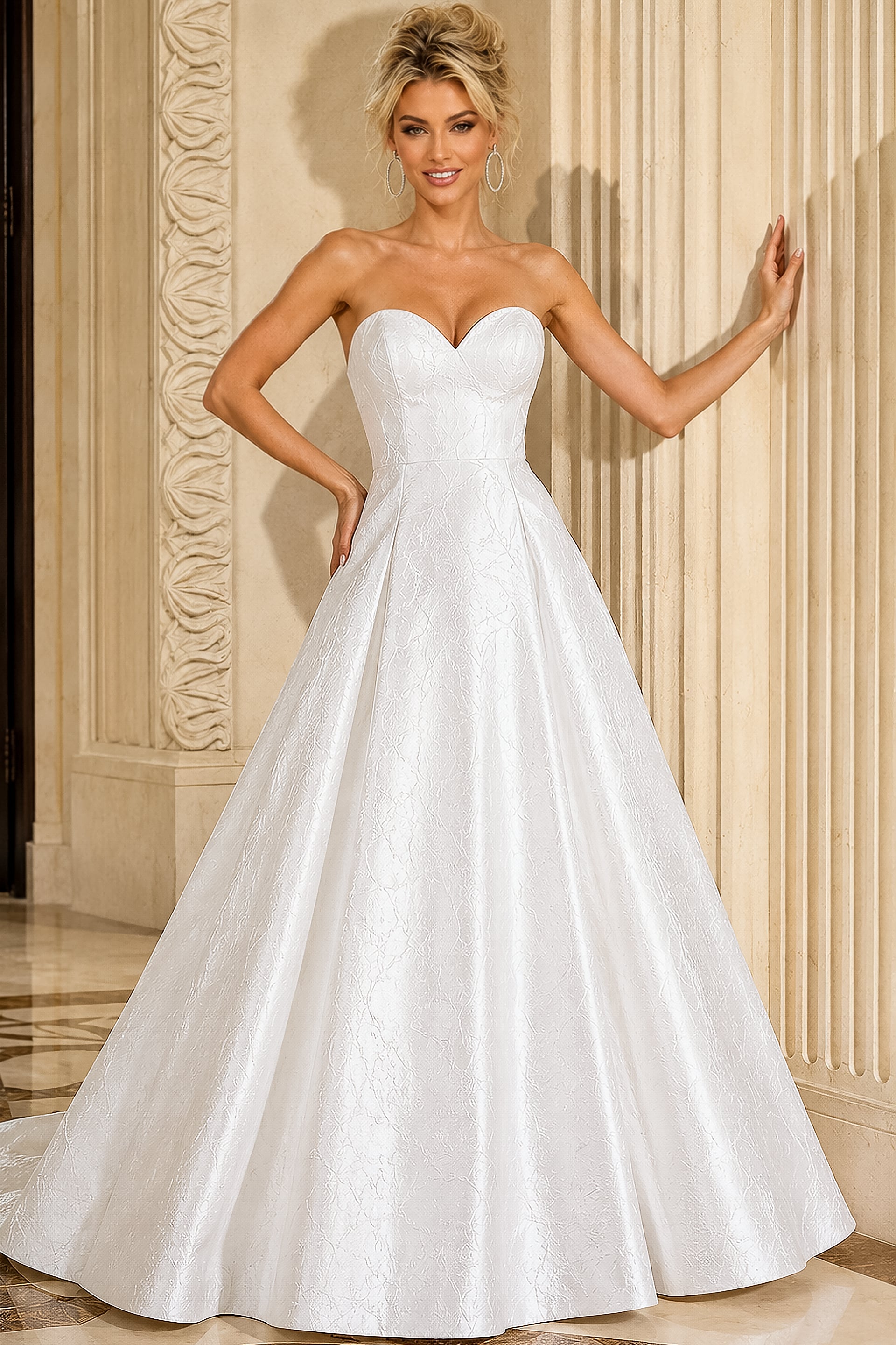 white strapless ball gown with a sweetheart neckline