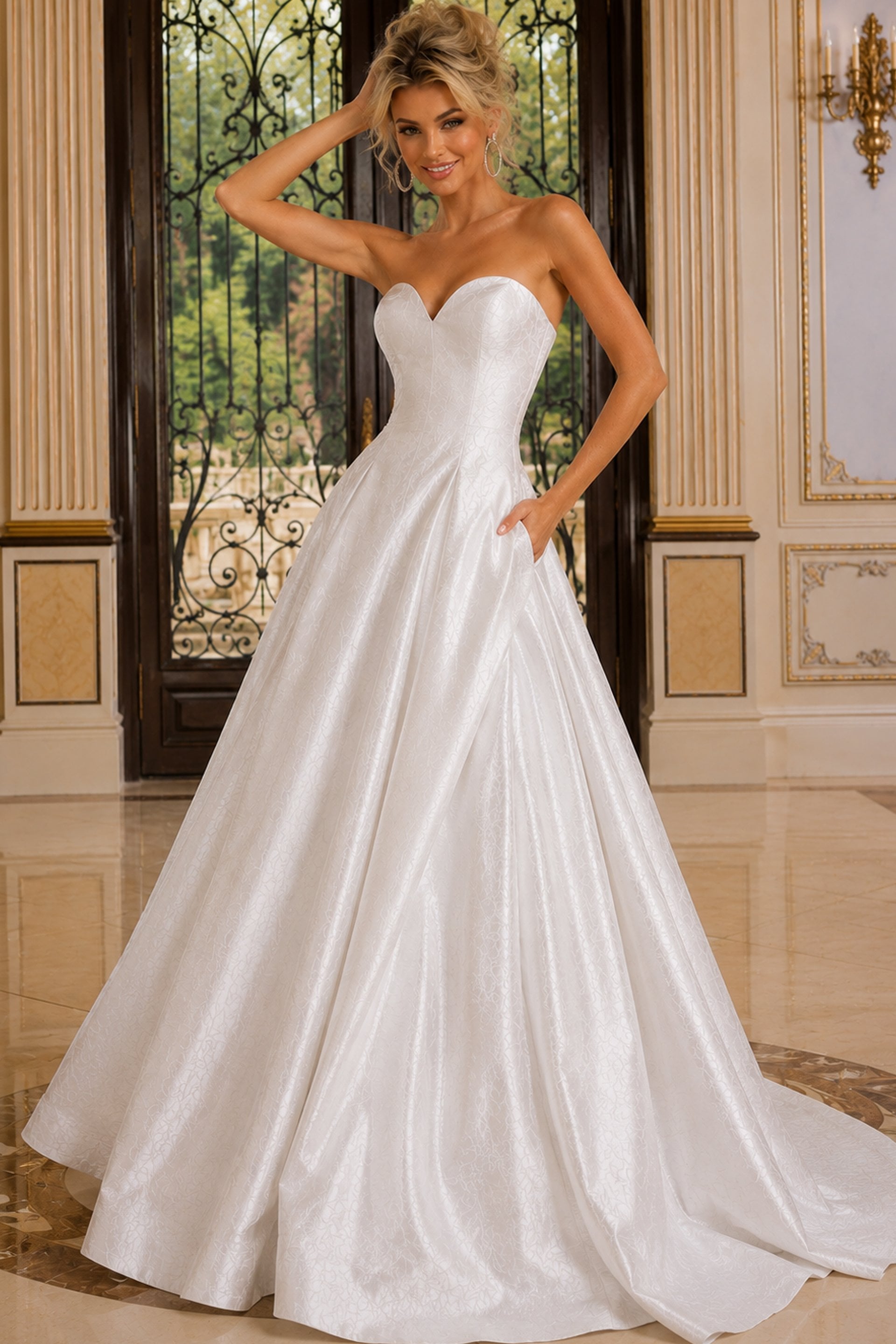 white Jovani 51695 front, pockets detail