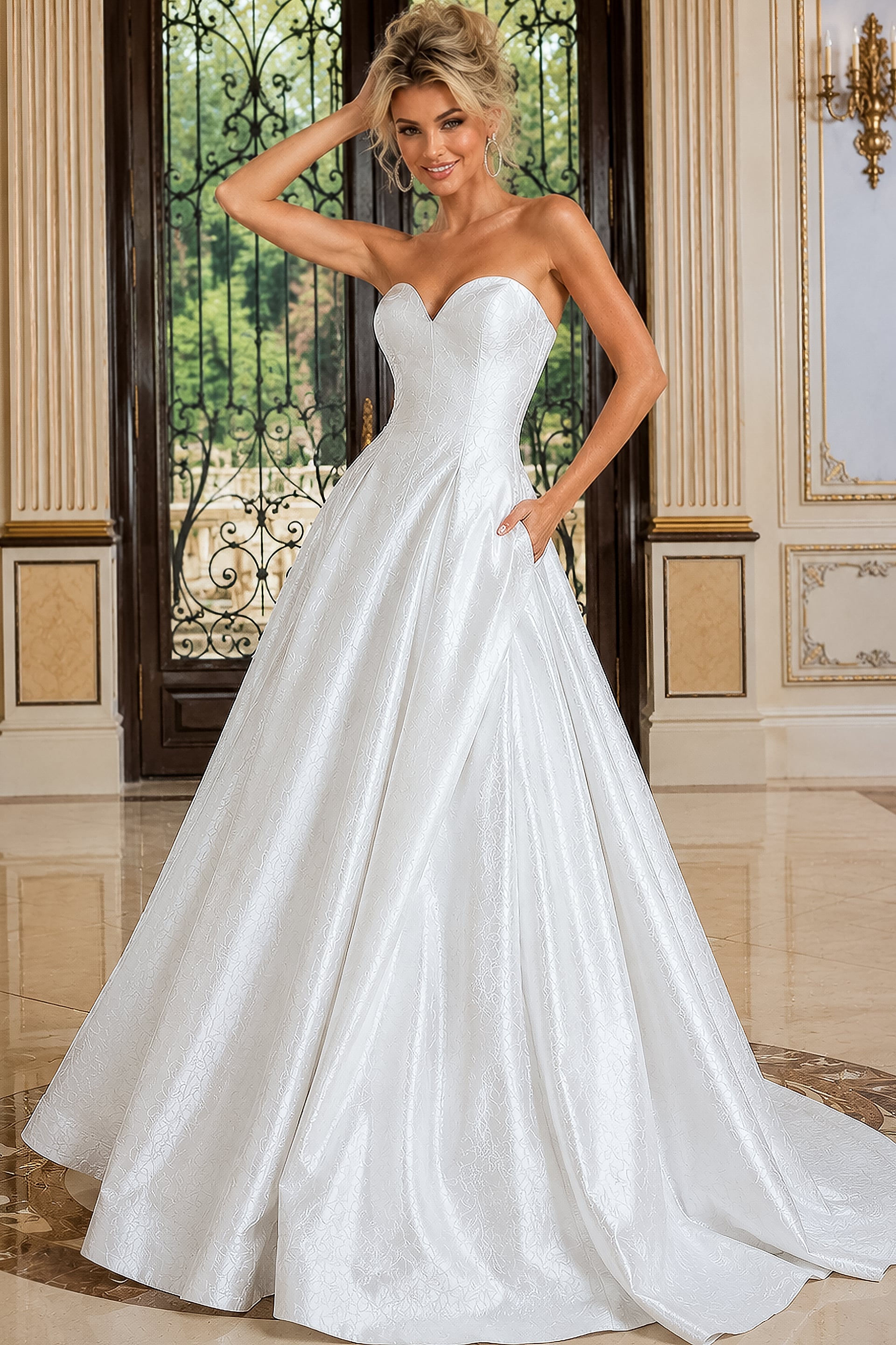 structured corset bodice, and voluminous full skirt with subtle textured jacquard detailing