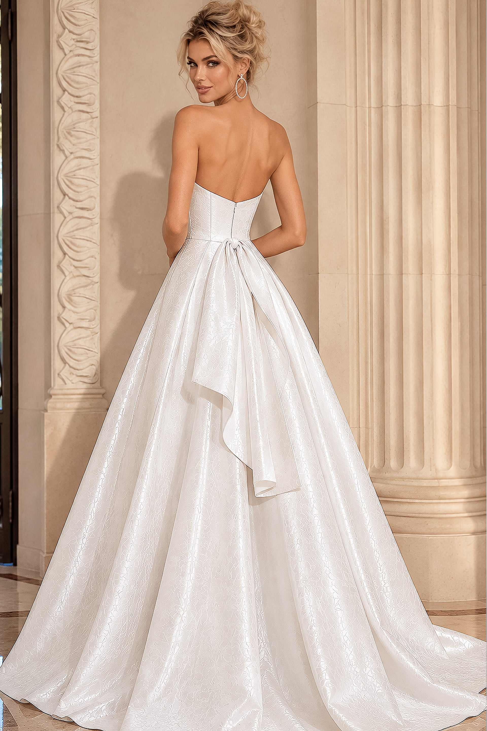 Back view of an elegant white bridal gown featuring a strapless fitted bodice