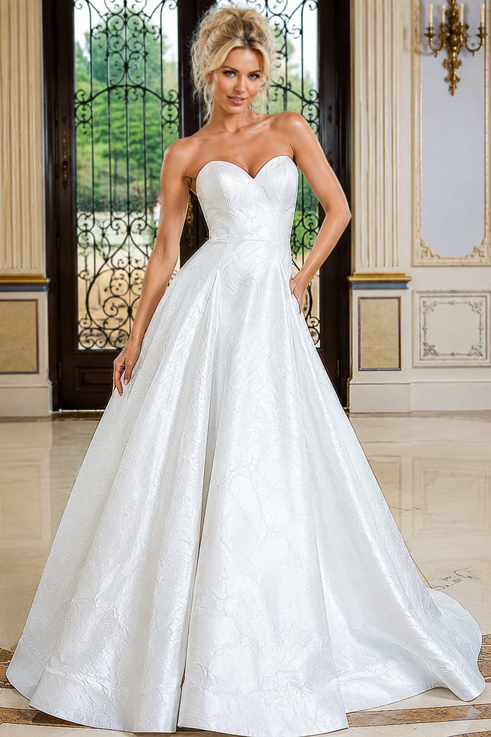 Model wearing a white strapless ball gown with a sweetheart neckline, structured corset bodice, and voluminous full skirt with subtle textured jacquard detailing.