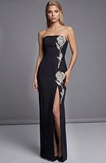 Strapless black evening gown with crystal floral embellishment and thigh high slit