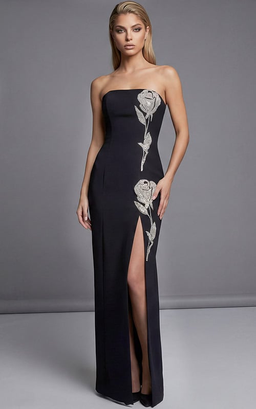 Strapless black evening gown with crystal floral embellishment and thigh high slit