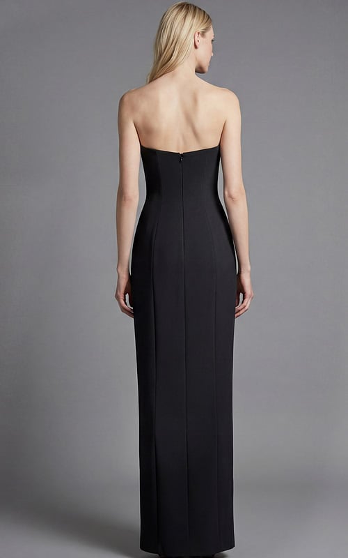 Strapless fitted evening gown with smooth back and floor length straight silhouette