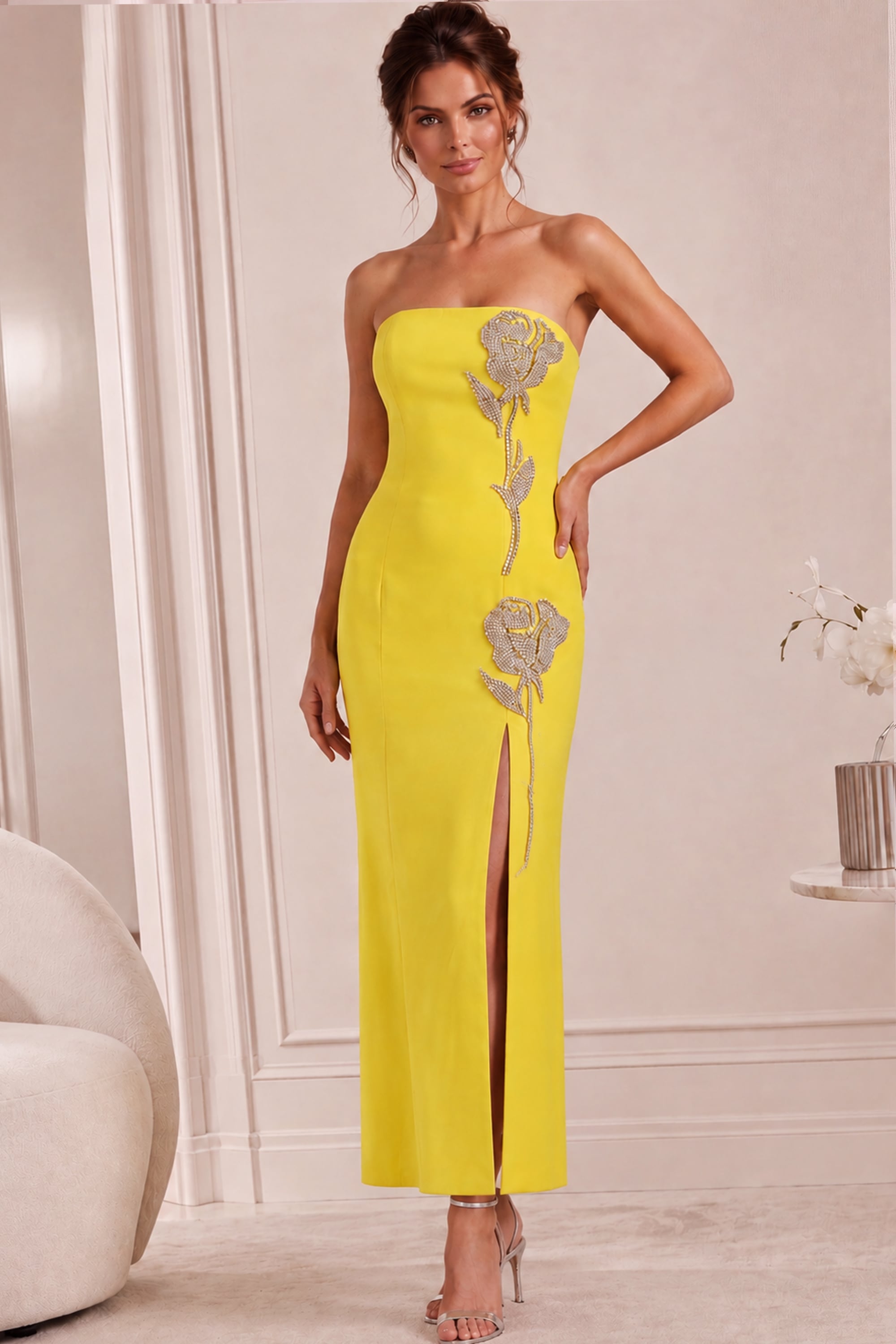 Yellow T length high slit dress 51704