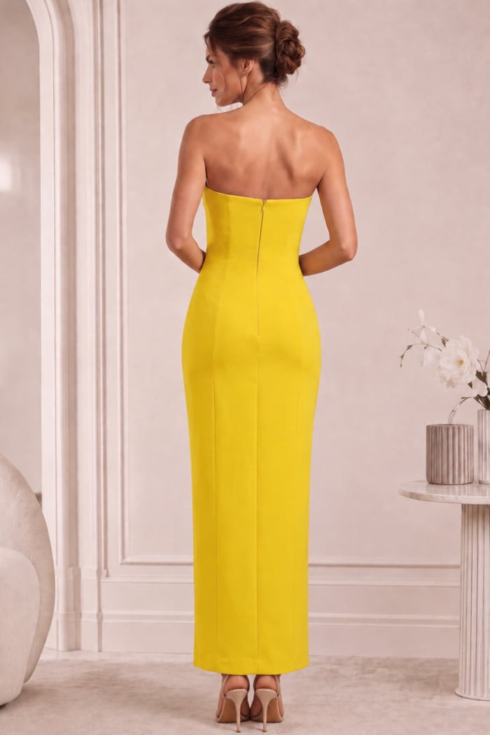 back of yellow fitted T length dress
