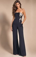 back view of black strapless wide leg jumpsuit